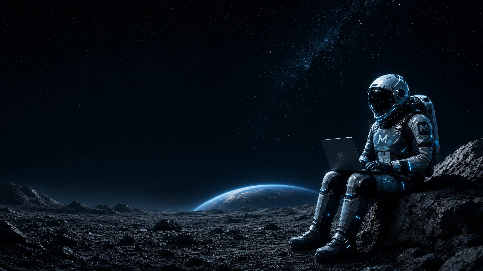 Mentat astronaut sitting on a lunar surface using a laptop