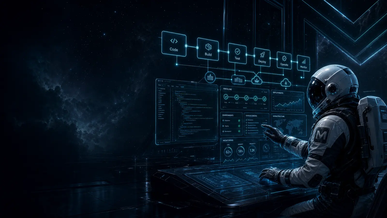 Mentat astronaut working at a futuristic DevOps workstation