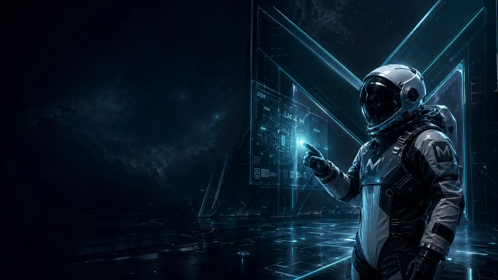 Astronaut interacting with a holographic cloud interface